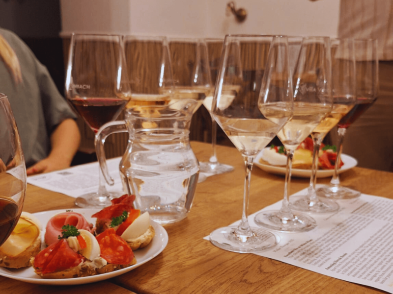 Bratislava: Wine tasting in the city center with an elegant arrangement of wine glasses and local canapés on a table, ready for tasting