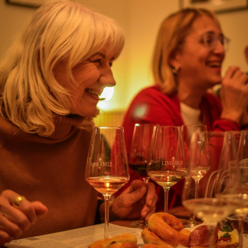 Two women laughing and enjoying wine during a wine-tasting session in Bratislava, surrounded by a selection of wine glasses and snacks on the table