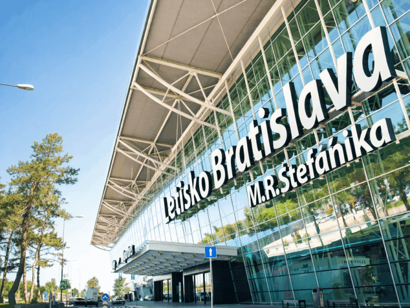 Bratislava Airport M. R. Štefánik (BTS) – exterior view of the main terminal building with glass facade, Slovakia