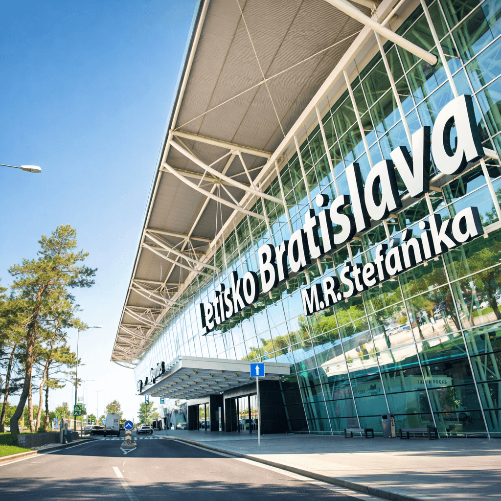 Bratislava Airport M. R. Štefánik (BTS) – exterior view of the main terminal building with glass facade, Slovakia