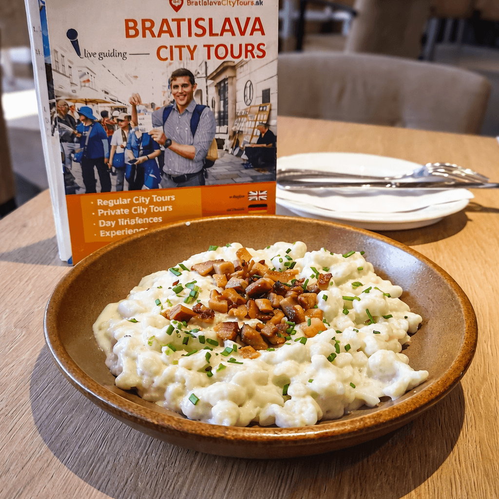 A bowl of bryndzové halušky — traditional Slovak potato dumplings smothered in creamy bryndza sheep cheese, topped with crispy bacon bits and fresh chives — served in a rustic brown ceramic bowl at a Bratislava restaurant, with a Bratislava City Tours brochure in the background.
