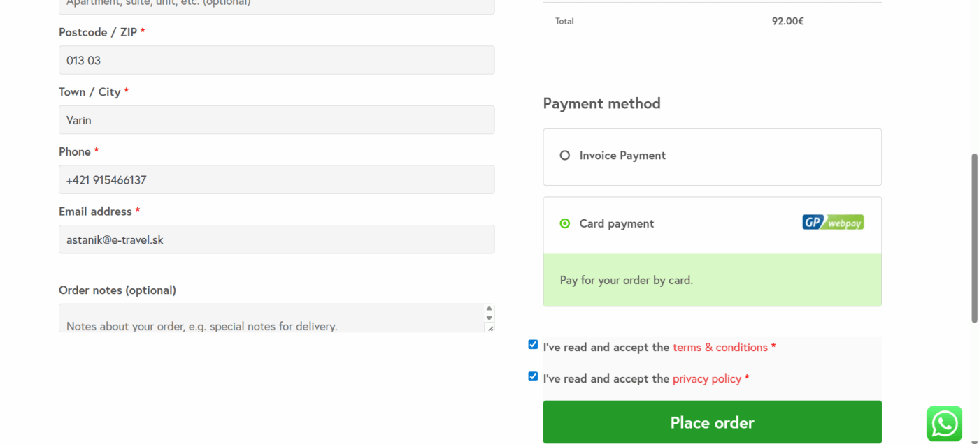 Checkout confirmation page for Bratislava airport transfer booking — enter contact details, select card payment via GP Webpay, accept terms and place order. Total: €92.00

