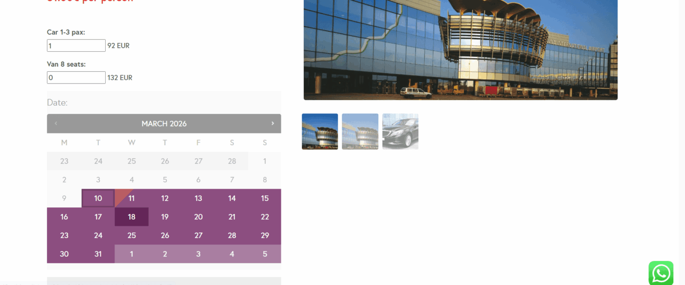 Booking form for Vienna Airport to Bratislava transfer — select car (1–3 pax, €92) or van (8 seats, €132) and choose your travel date on the calendar at bratislavacitytours.sk