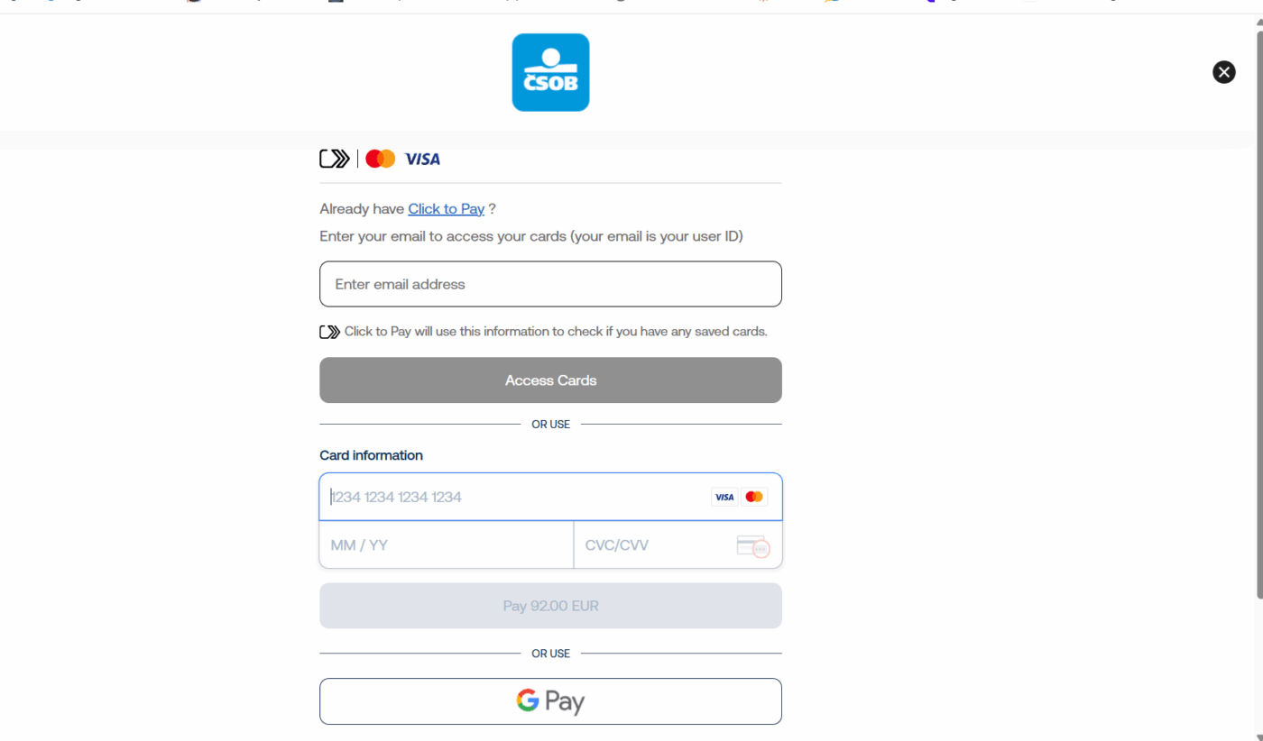 Secure card payment screen for Vienna Airport to Bratislava transfer booking — accepts Mastercard, Visa and Google Pay via CSOB payment gateway, total 92.00 EUR