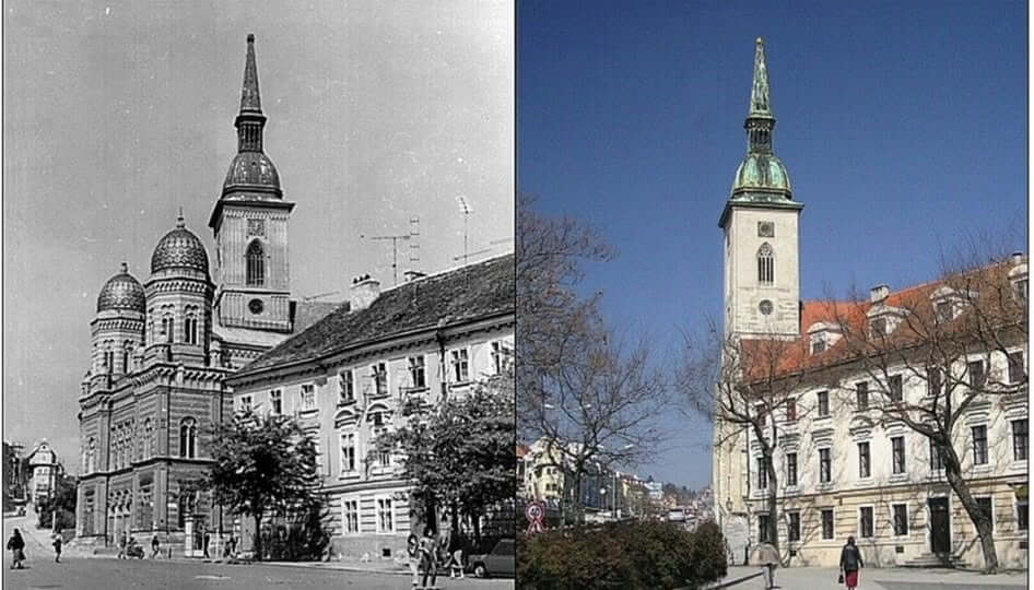 The picture of Neological synagogue of Bratislava in the past on the phone of St. Martin Cathedral. The second picture is how look likes Bratislava without synagogue