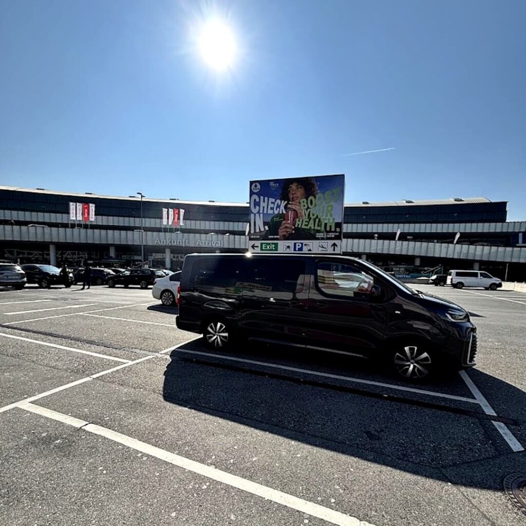 Private transfer minivan from Bratislava City Tours waiting at airport arrivals — comfortable 8-seat van available for Vienna Airport to Bratislava transfers and group bookings