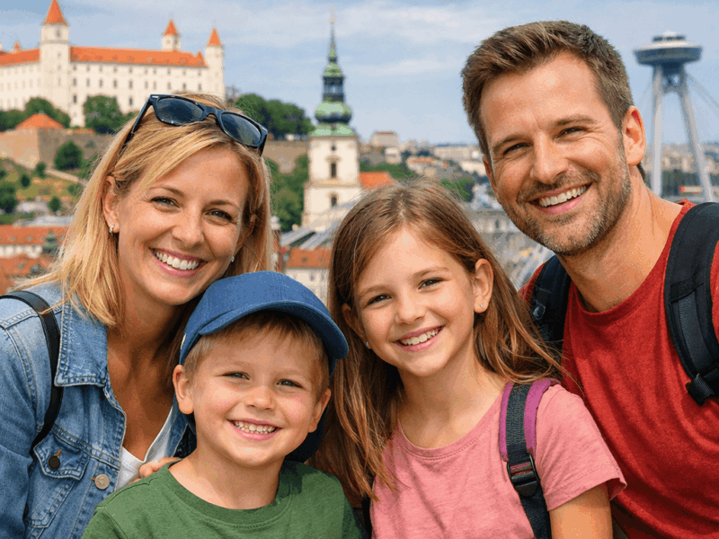 Family with two kids smiling in front of Bratislava Castle and UFO Bridge during a private city tour