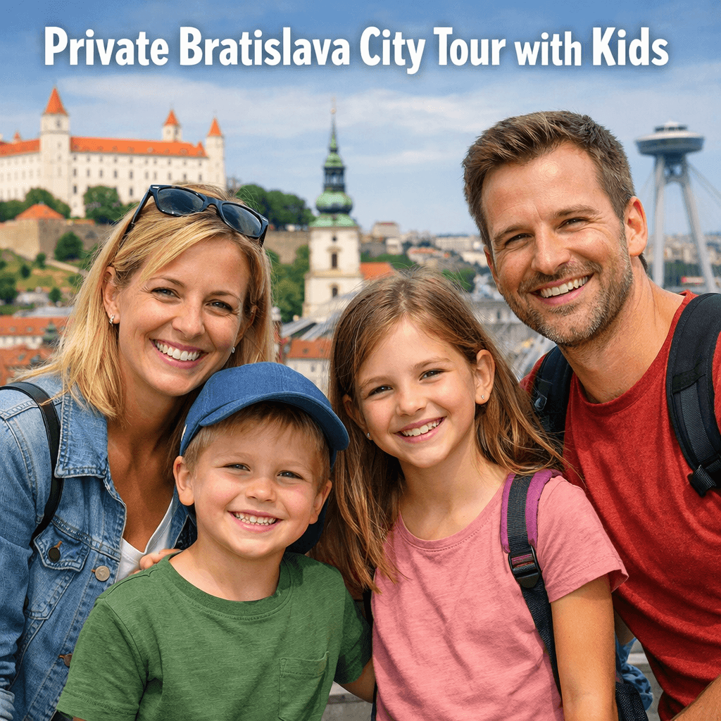 Family with two kids smiling in front of Bratislava Castle and UFO Bridge during a private city tour