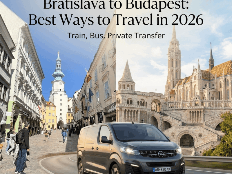 Travelling from Bratislava to Budapest by private transfer in 2026 — door-to-door service with Bratislava City Tours, with St. Michael's Gate and Fisherman's Bastion in the background