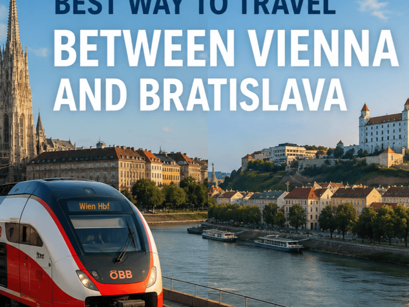Best way to travel between Vienna and Bratislava - ÖBB train with Bratislava Castle and Danube River in background