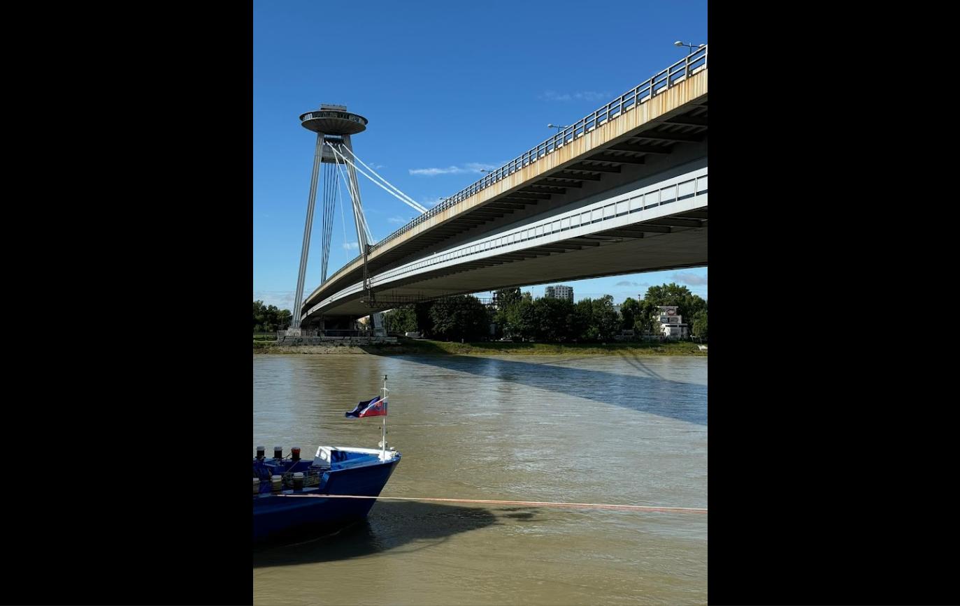 UFO Bridge (Most SNP) over the Danube River in Bratislava, Slovakia — iconic landmark near the Bratislava to Budapest train route