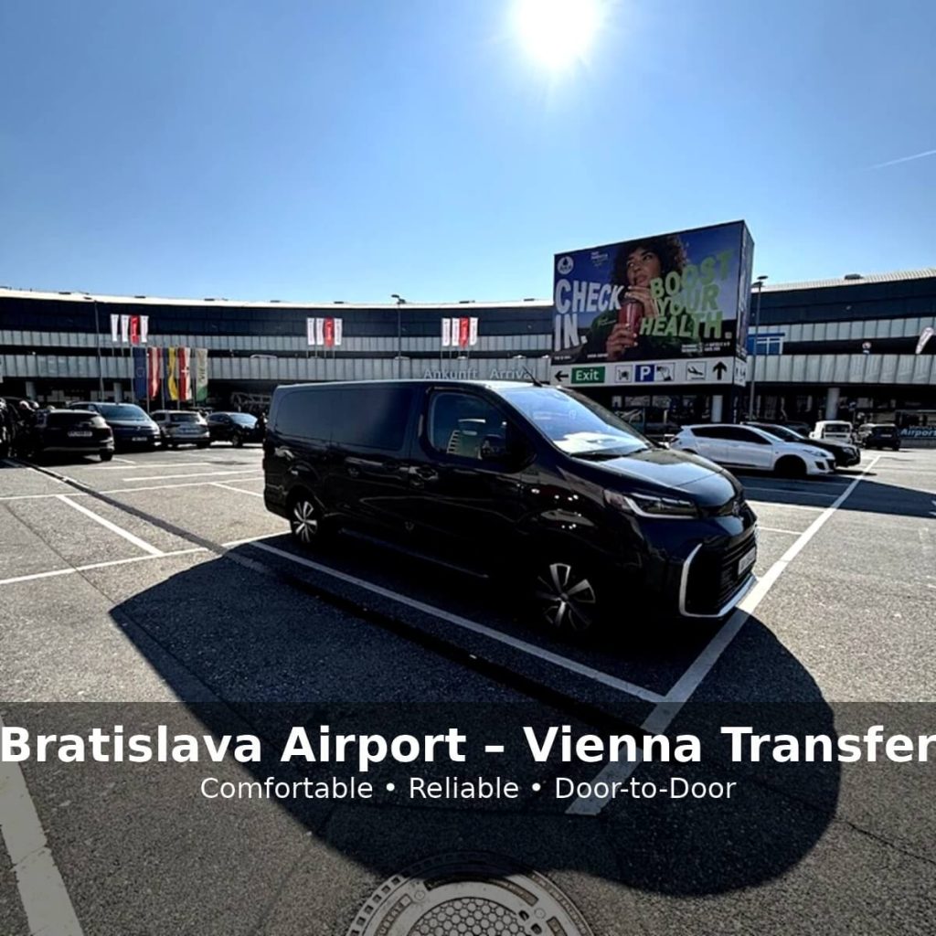 Black private transfer van parked outside Vienna Airport terminal, promoting a comfortable and reliable door-to-door transfer service between Bratislava Airport and Vienna.
