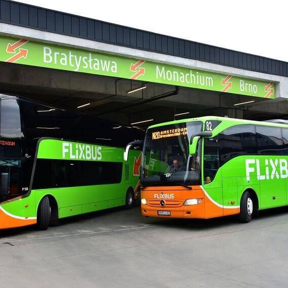 FlixBus coaches at Bratislava Main Bus Station serving routes to Vienna, Munich and Brno - affordable bus connection between Vienna and Bratislava