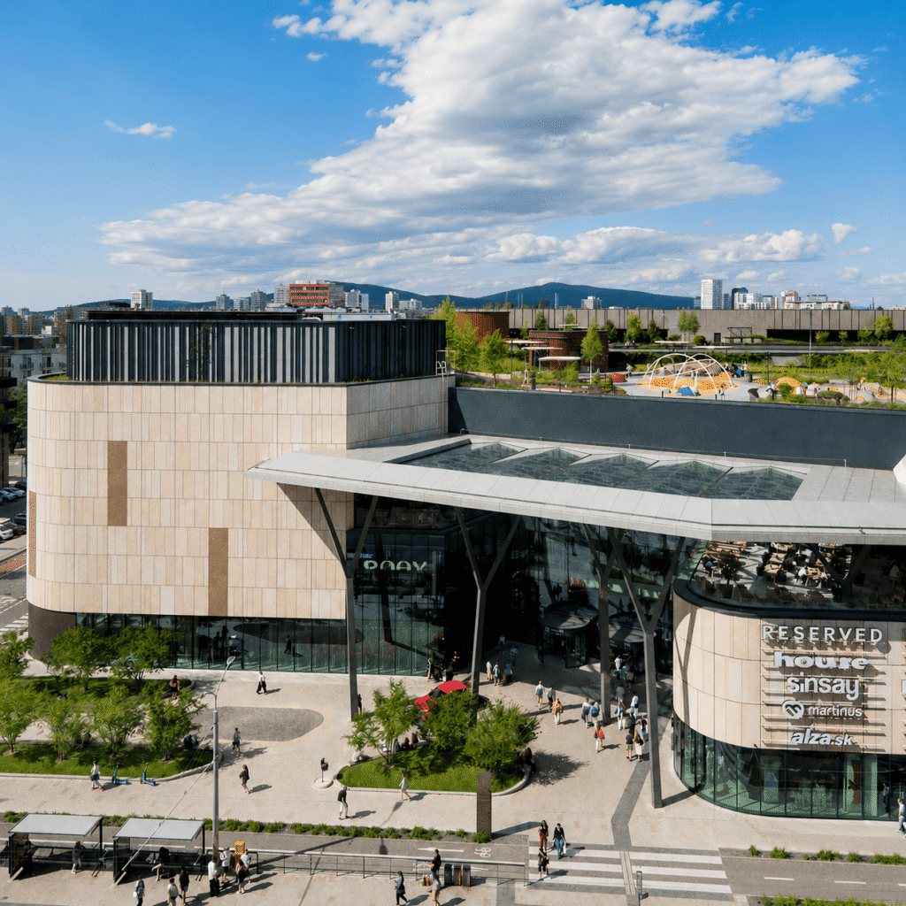 Nivy Shopping Center in Bratislava with rooftop park and modern entrance canopy