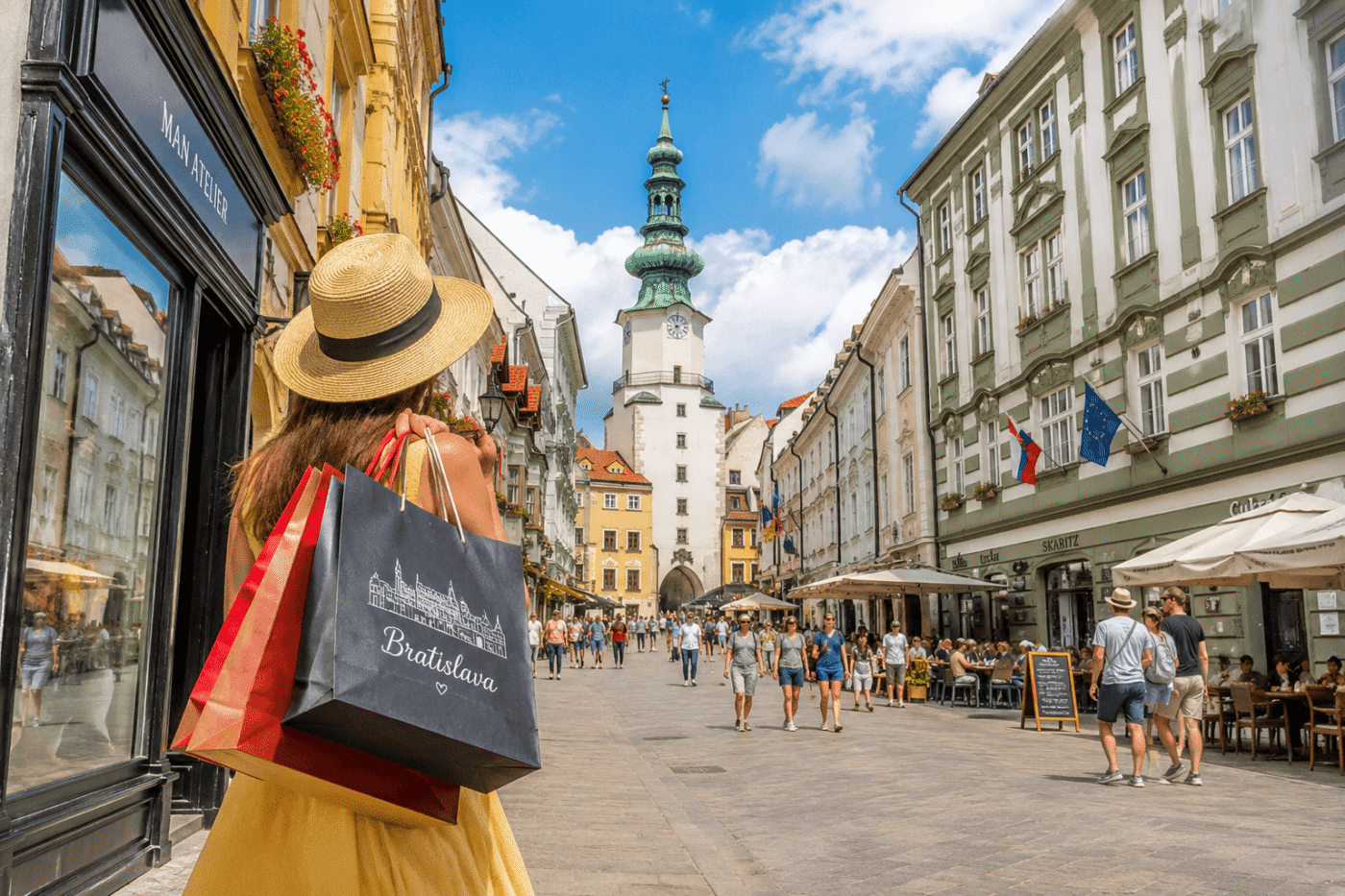 Tourist carrying a Bratislava shopping bag walks down Michalská Street toward Michael's Gate, the historic clock tower in Bratislava's Old Town, Slovakia