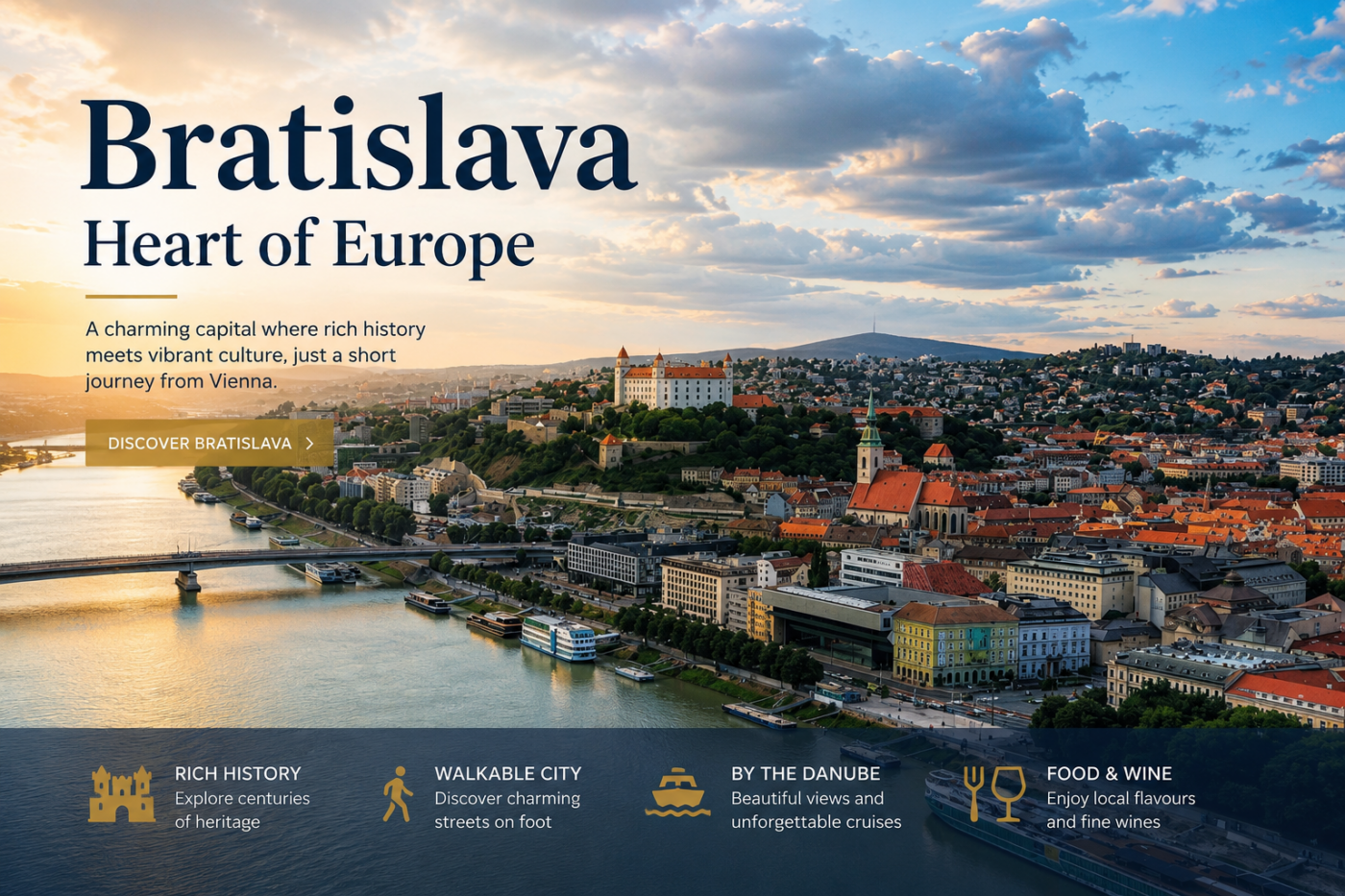 Bratislava Heart of Europe hero banner with castle, Danube River, and city skyline at sunset