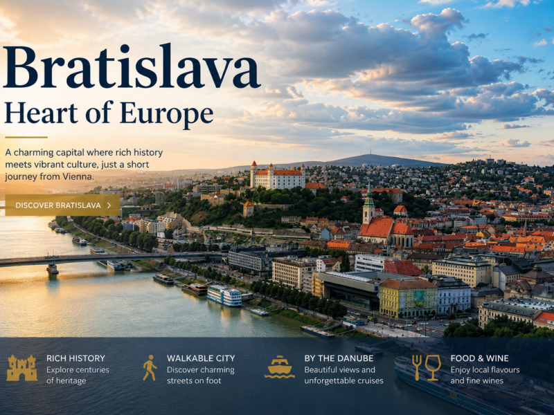 Bratislava Heart of Europe hero banner with castle, Danube River, and city skyline at sunset