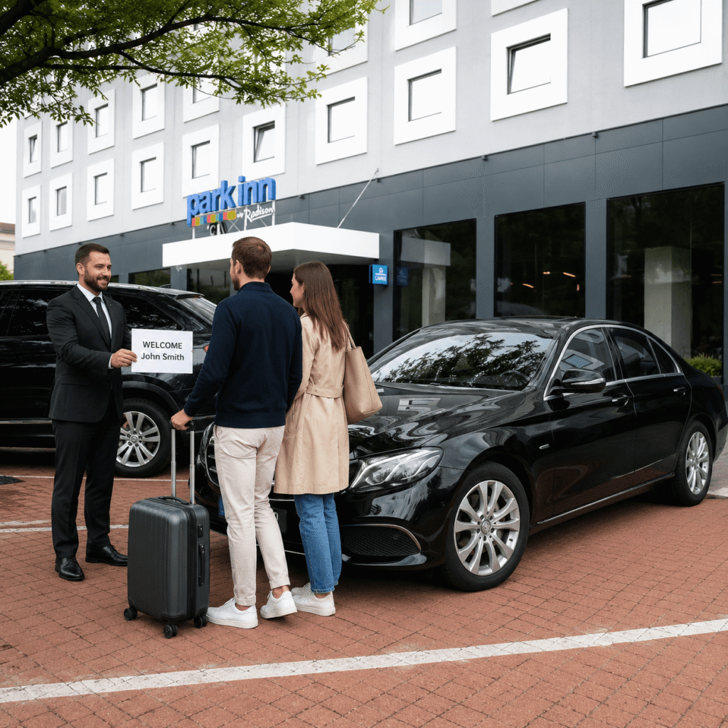 Professional driver welcoming guests with a name sign beside a premium Mercedes during a private transfer in Bratislava.