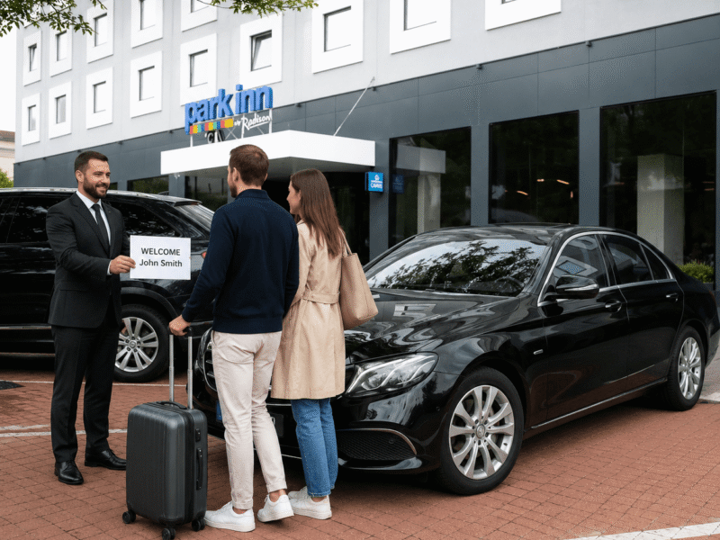 Professional driver welcoming guests with a name sign beside a premium Mercedes during a private transfer in Bratislava.