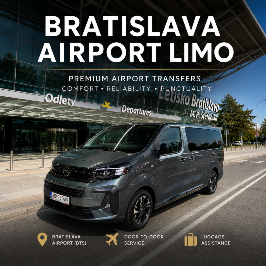 Black Mercedes-style Opel Vivaro VIP minivan parked outside Bratislava Airport (BTS) departures terminal, premium airport transfer service