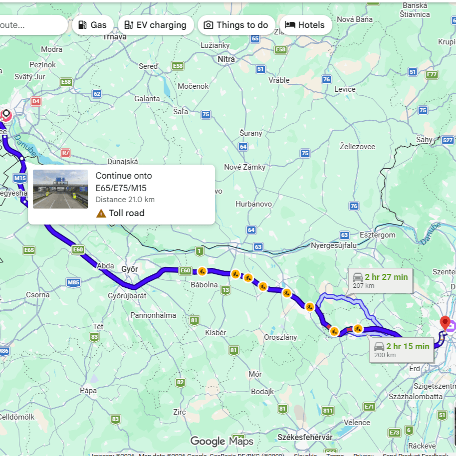Map showing the Bratislava to Budapest distance of 200 km via the M15 and M1 motorways