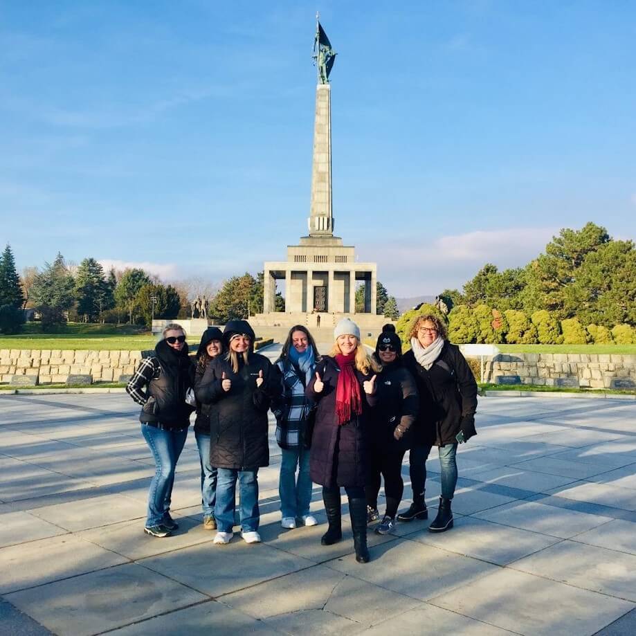 Guided group at the Slavín war memorial in Bratislava along the Bratislava to Budapest distance route